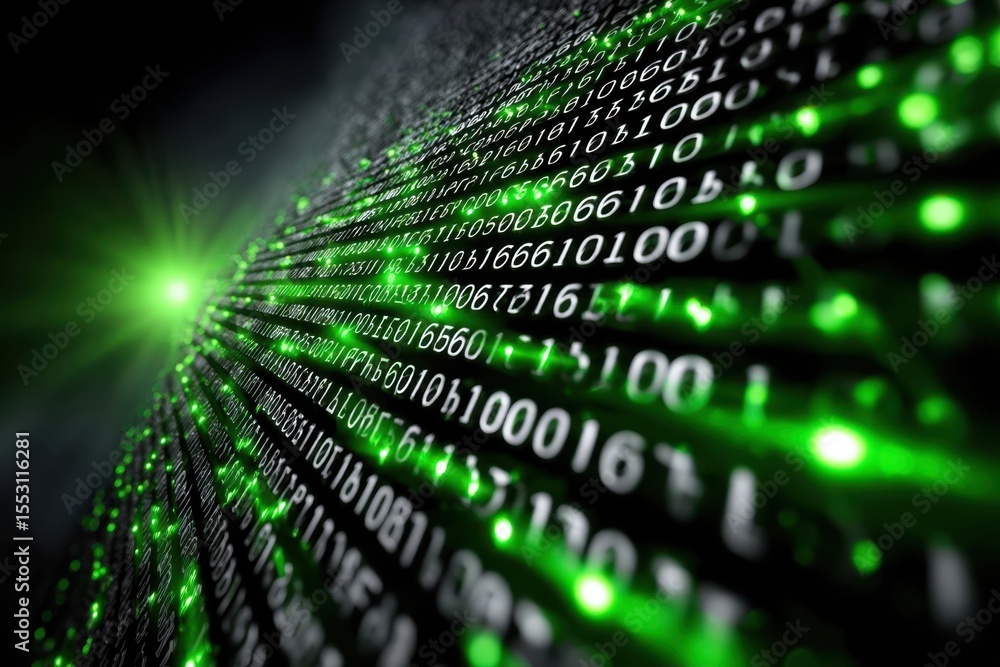 Poster green binary code display creates a futuristic digital landscape in dark environment