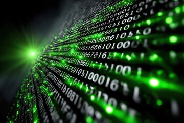 Green binary code display creates a futuristic digital landscape in dark environment