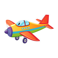 Colorful cartoon airplane in flight over a bright blue sky with fluffy white clouds. PNG image, transparent background