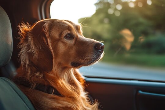 A golden retriever sits in a car, looking out the window. The sun sets in the background, creating a warm glow. The dog has a shiny coat and attentive expression. - Powered by Adobe