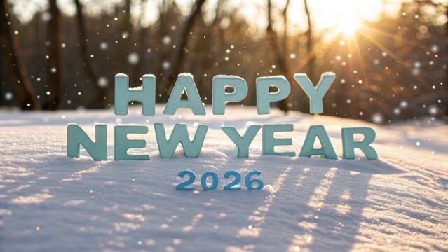 Happy new year 2026 illuminated by warm sunlight in a snowy forest - Powered by Adobe