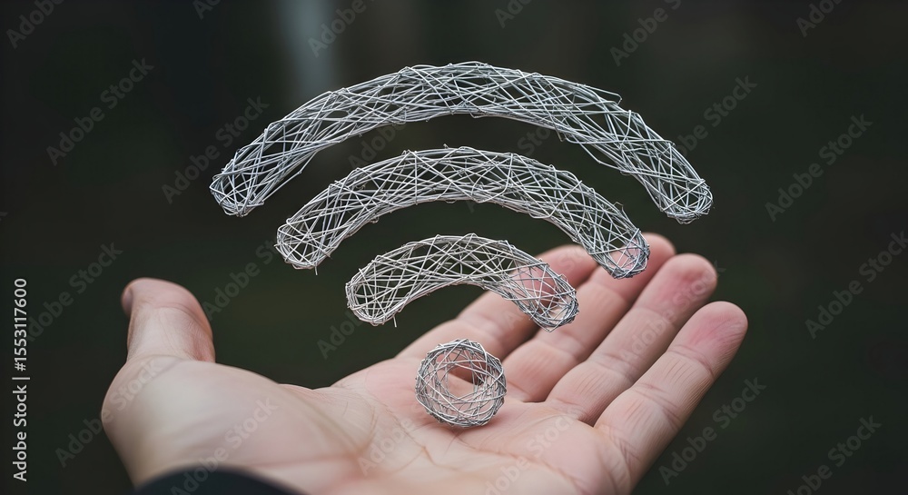 Poster a man holding a wire mesh wifi symbol in hand. wireless internet connection and digital communicatio