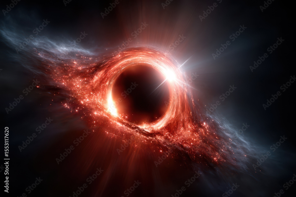 Poster exploring the vast mysteries of a black hole in deep space with glowing accretion disks