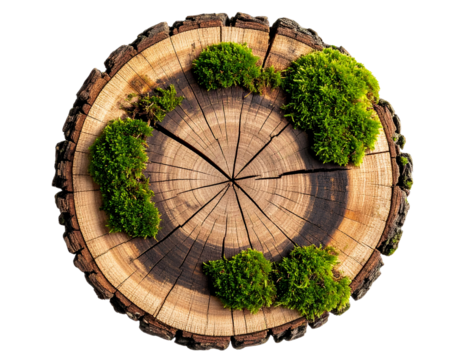 Weathered Tree Stump Covered in Green Moss Top View isolated on transparent background PNG