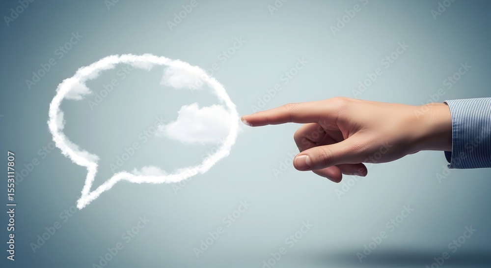Poster man's hand pointing at a thought bubble made of clouds. creative idea and imagination. business comm