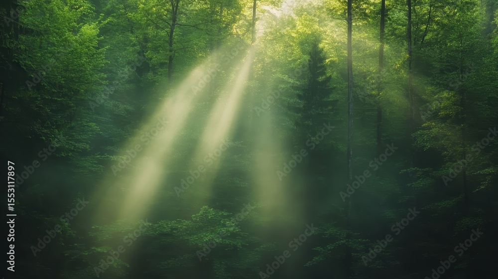 Poster this enchanting image captures sunlight streaming through a lush green forest, creating a magical at