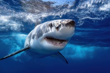 Naklejka premium Great white shark swimming in deep blue ocean waters during a sunny day