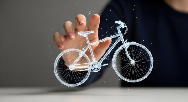 Man's hand touching a futuristic digital bicycle made of glowing particles. Virtual reality in sport and transportation technology concept.