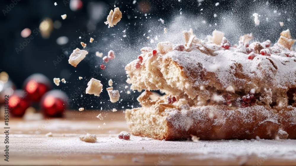 Poster a delicately crumbled cake explodes with a burst of powdered sugar and bits of decoration, capturing