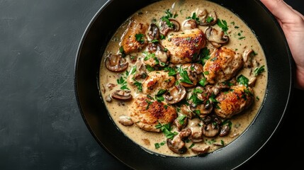 A delicious plate of creamy chicken cooked with mushrooms garnished with fresh herbs showcasing culinary art and the joy of gourmet dining.