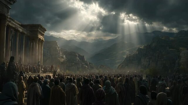 Covenant renewal at Shechem, dramatic light beams pierce dark clouds over a vast crowd, evoking reverence and unity. Inspired by biblical themes from Joshua 24.