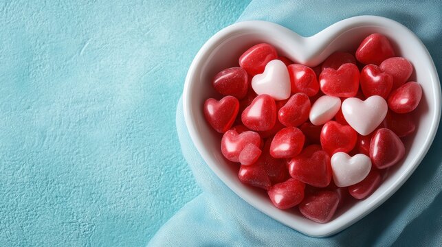 A delightful assortment of red and white heart-shaped candies fills a heart-shaped bowl against a soft blue background, creating a festive and romantic atmosphere. - Powered by Adobe