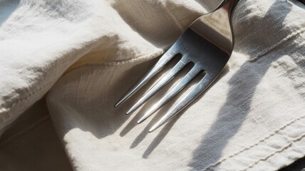 Close-up of a shiny fork on beige linen fabric