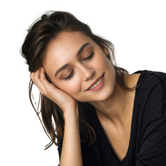 Beautiful young woman smiling with eyes closed isolated on transparent