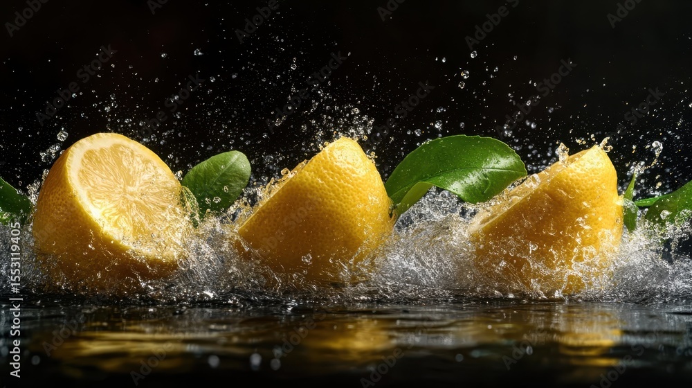 Poster an artistic close-up captures lemon slices splashing into water, beautifully illustrating freshness 
