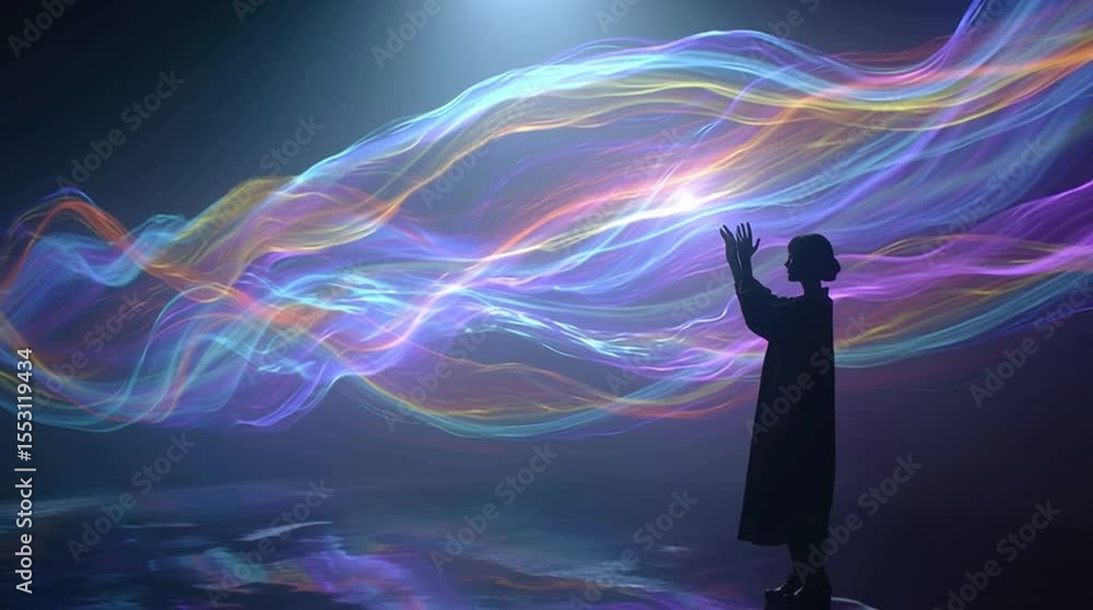 Poster woman interacts with abstract energy streams, creating a futuristic and dynamic scene with light eff