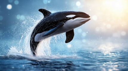 Obraz premium An incredible moment captured with an orca whale breaching out of the water, sparkling droplets creating a magical effect against a soft, illuminated ocean backdrop.