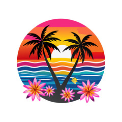 Tropical Sunset T-Shirt Design – Bold Palm Trees, Vibrant Ocean Waves, Colorful Flowers, Beach Summer Vibes Graphic Tee on White Background