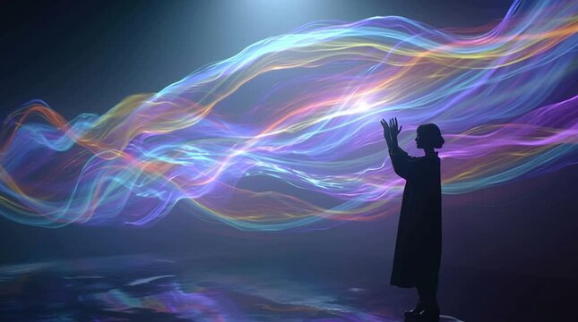 Woman interacts with abstract energy streams, creating a futuristic and dynamic scene with light effects.
