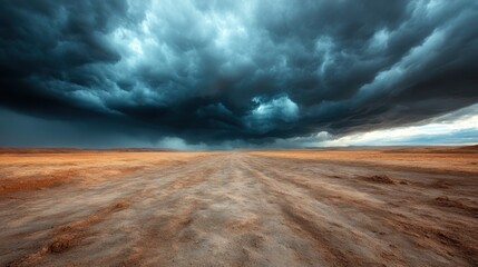 An expansive barren landscape under tumultuous, dark clouds evokes a sense of desolation and majesty, inviting thoughts of nature's power and the mood of impending storms.