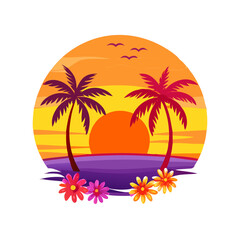 Tropical Sunset T-Shirt Design – Bold Palm Trees, Vibrant Ocean Waves, Colorful Flowers, Beach Summer Vibes Graphic Tee on White Background