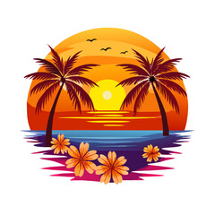 Tropical Sunset T-Shirt Design – Bold Palm Trees, Vibrant Ocean Waves, Colorful Flowers, Beach Summer Vibes Graphic Tee on White Background
