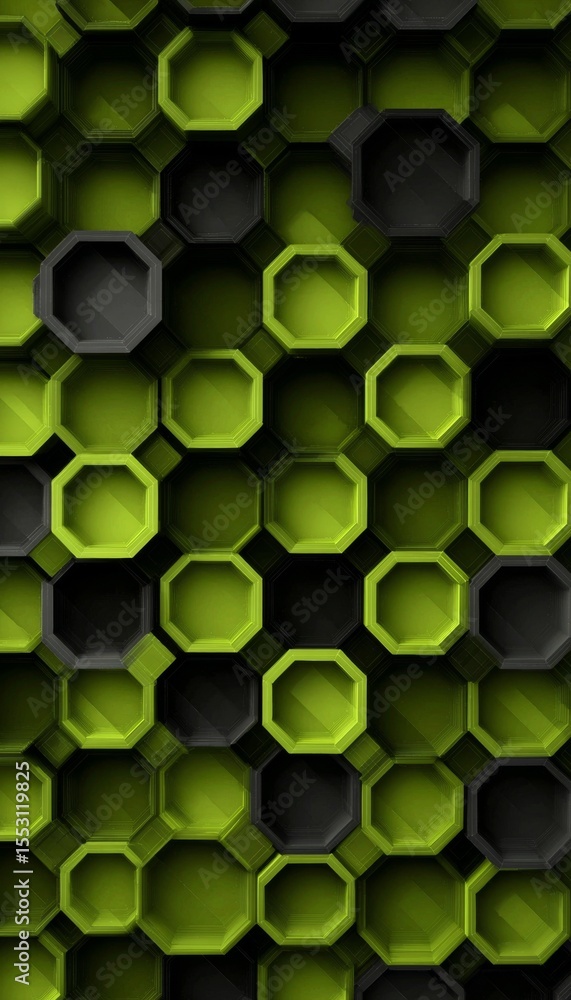 Poster complex interlocking octagons in vibrant green tones create a stunning geometric abstraction design
