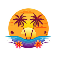 Tropical Sunset T-Shirt Design – Bold Palm Trees, Vibrant Ocean Waves, Colorful Flowers, Beach Summer Vibes Graphic Tee on White Background
