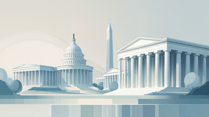 Minimalist illustration of iconic U.S. government buildings with soft pastel tones and clean lines.
