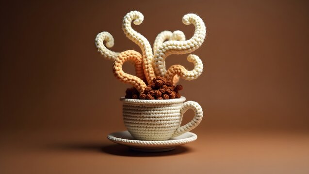 3D crochet keychain featuring a lifelike coffee cup with rounded handle, delicate rim, and a slender body adorned with subtle, swirling patterns, emitting wispy steam curls that rise upwards in a whim