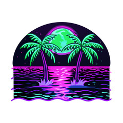 Tropical Sunset T-Shirt Design – Bold Palm Trees, Vibrant Ocean Waves, Colorful Flowers, Beach Summer Vibes Graphic Tee on White Background