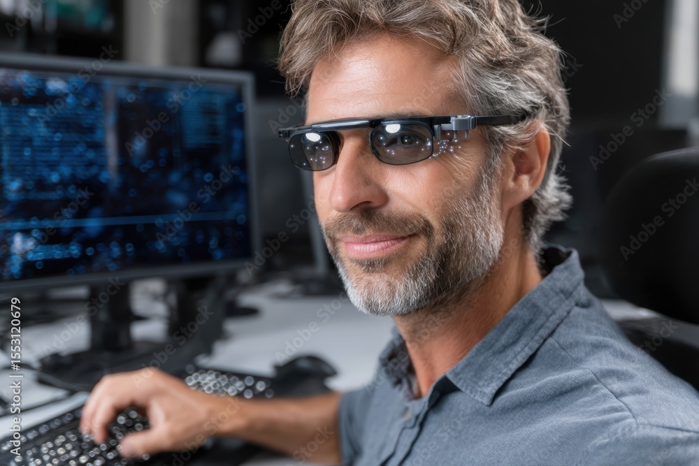 Poster professional at work in a modern tech environment using smart glasses for data analysis