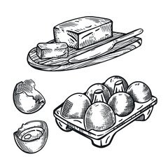 Vector illustration set, quoi eggs, egg cell, butter with knife. All objects are hand-drawn in vector. Illustrations are suitable for the design of food packaging, the design of farm shops.
