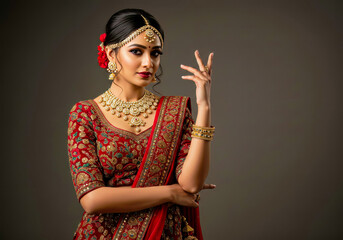 Elegant Indian Bride in Red Embroidered Lehenga Choli Stunning Jewelry Portrait