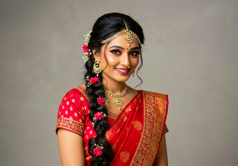 Beautiful Indian Bride Portrait Red Saree Traditional Jewelry Elegant Makeup South Asian Wedding