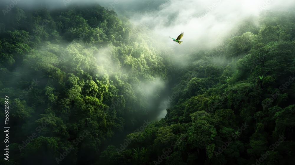 Poster this ethereal landscape showcases a dense, foggy jungle with rich green foliage, illuminated by soft