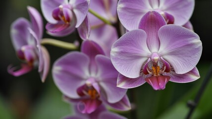 Close-up of vibrant pink orchids in bloom against dark background