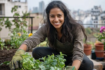 Young woman gardening on her urban rooftop garden, smiling at camera