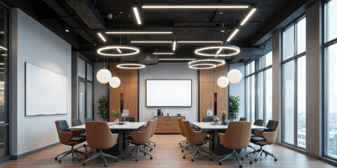 Sleek tech startup office with glass desks, modern ergonomic chairs, and industrial pendant lighting. Add an interactive whiteboard for team