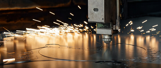 Automated Laser Cutter Processing Metal Sheet with Sparks Flying, Manufacturing