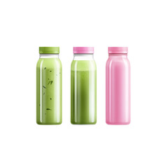 Three Glass Bottles with Green and Pink Smoothies or Drinks - Mockup for Branding and Packaging