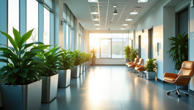 Pasillo de hospital moderno y luminoso con grandes ventanales, luz natural que entra a raudales y paredes blancas limpias con plantas