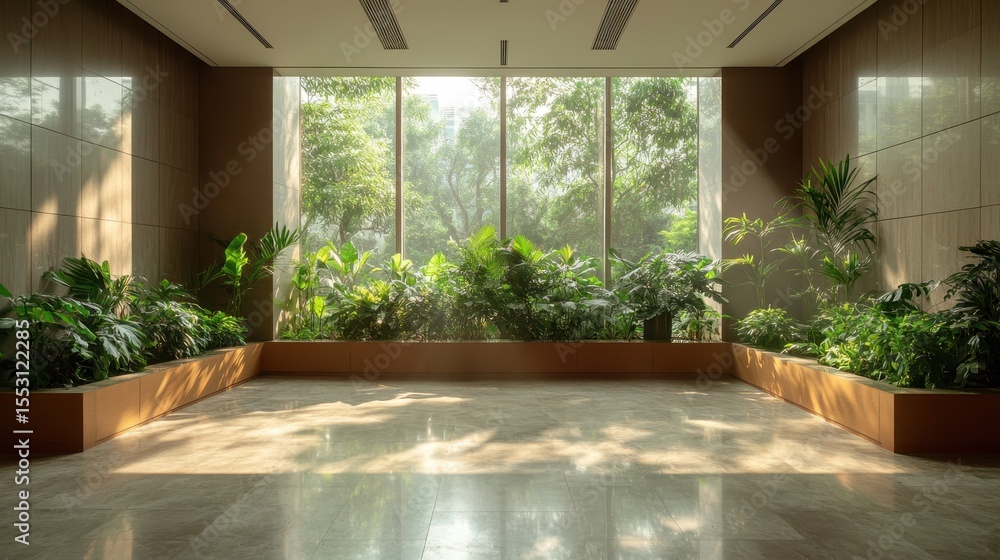 Poster a vibrant indoor garden scene filled with lush greenery and ample sunlight filtering through large w
