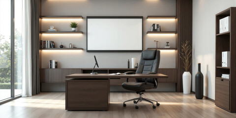 Minimalist office with a wooden desk, black chair, and floating shelves. Include a digital presentation board on one wall, providing