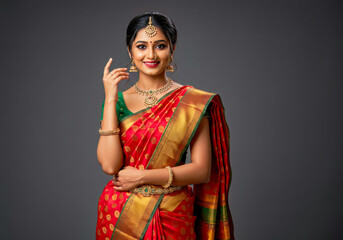 Elegant Indian Woman in Red Silk Saree Traditional Jewelry Festive Portrait
