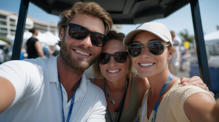 Group selfie in a golf cart with sunny smiles and sunglasses on