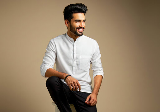 Smiling Indian Man in White Kurta Fashion Portrait Studio Shot