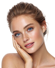 Beautiful blonde woman with hand on cheek isolated on transparent background