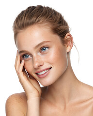 Smiling blonde woman with hand on cheek isolated on transparent background