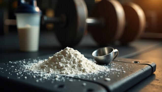 Polvo de creatina y cuchara medidora en un banco de gimnasio